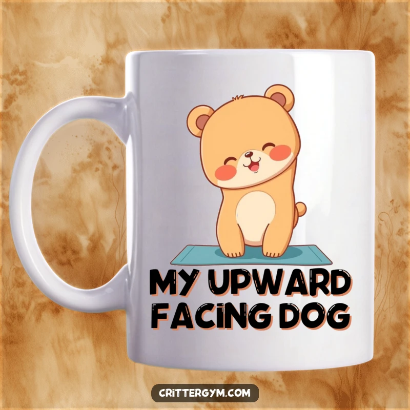 Funny bear cub giggling while attempting a wobbly handstand on a yoga mat, perfect for a funny gift.