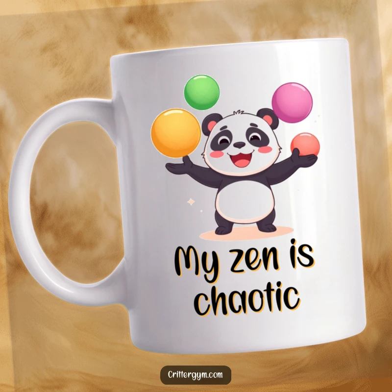 Funny mug featuring a cheerful panda bear gleefully juggling several oversized yoga balls, showcasing its comedic balancing act.
