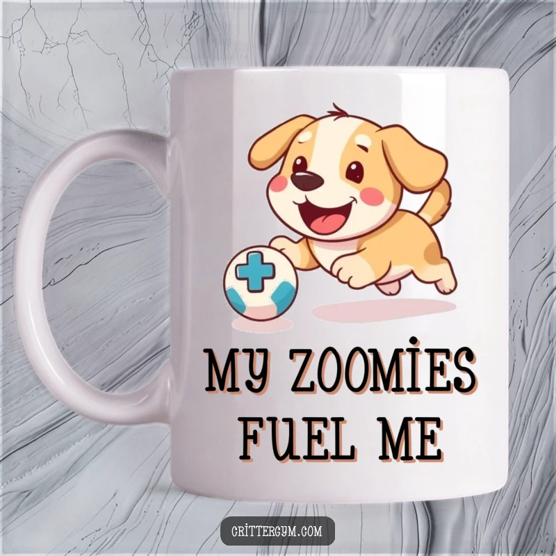 Funny Dog Medicine Ball Mug: A happy dog playfully chases a bouncing medicine ball across the floor in a joyful scene.