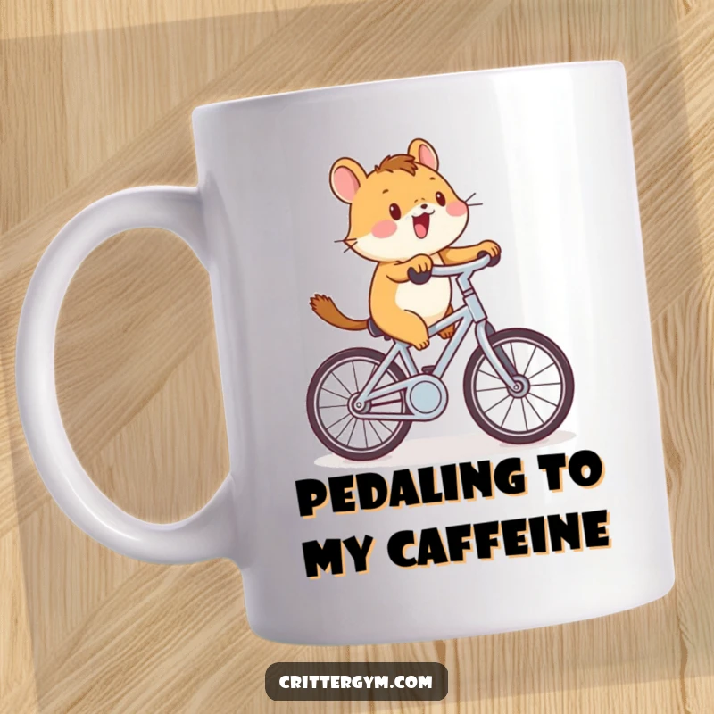 Funny critter cycling mug with a determined small animal enthusiastically pedaling a miniature stationary bicycle, radiating energy and joy.