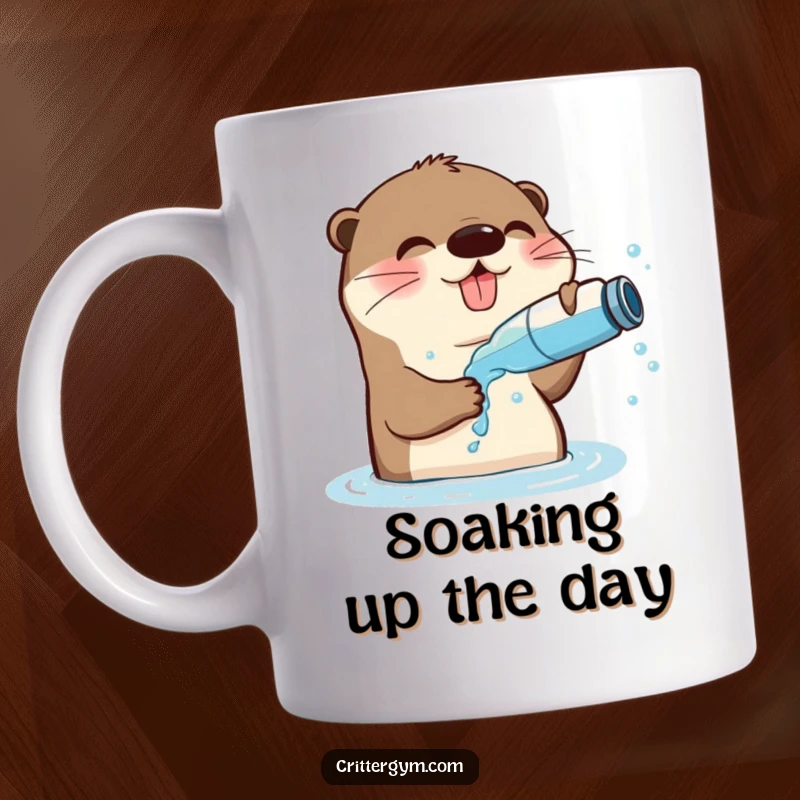 Funny Playful Otter Mug: A happy otter splashes water on its face, looking refreshed and joyful.