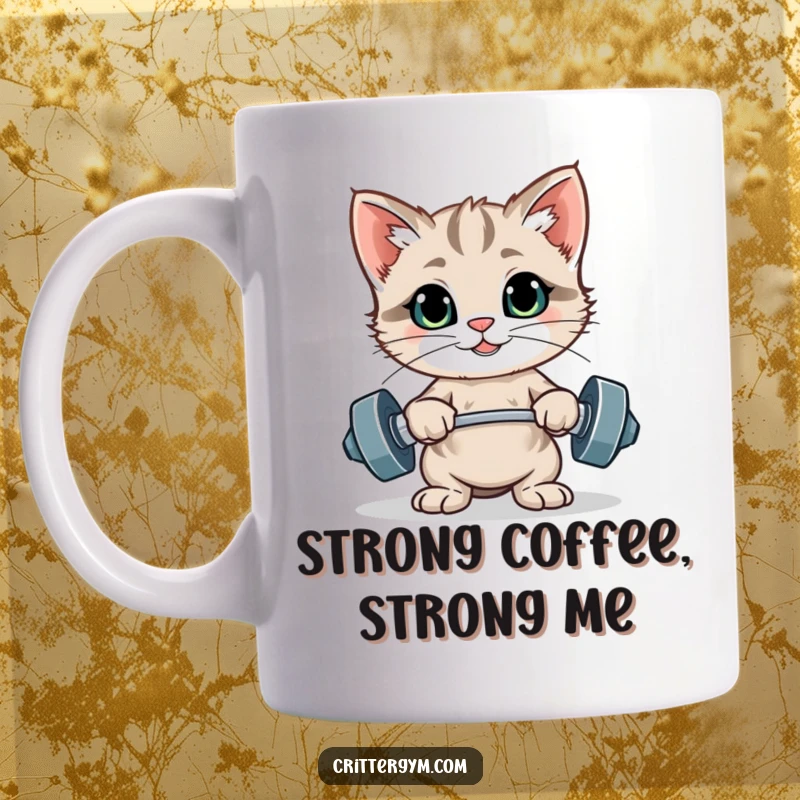 Funny proud kitten flexing after lifting tiny weights on a mug, a humorous fitness gift.