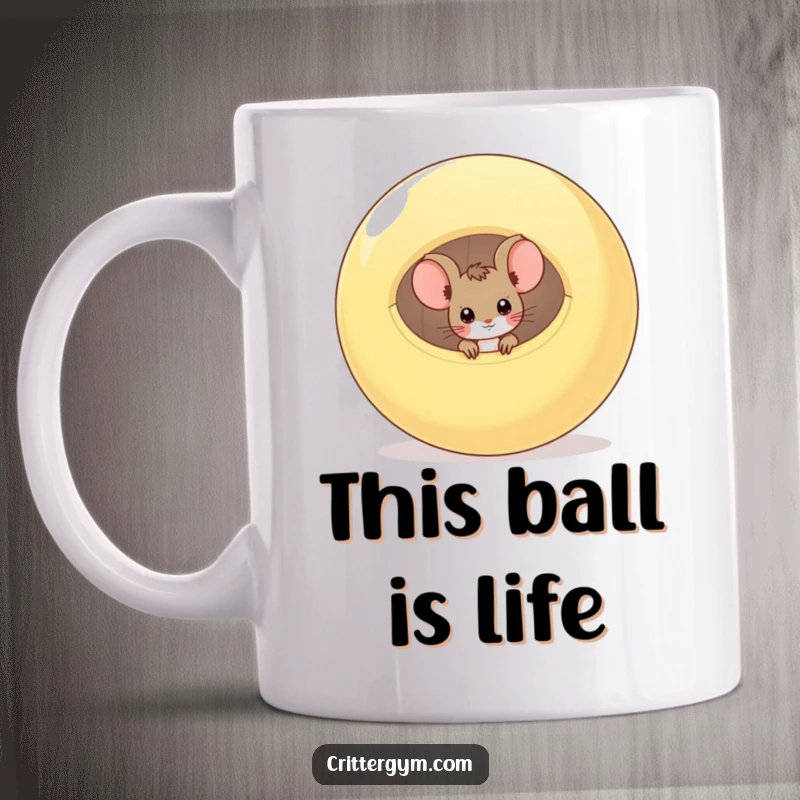 Funny curious mouse peeking from inside a large deflated exercise ball on a mug, a funny gift.
