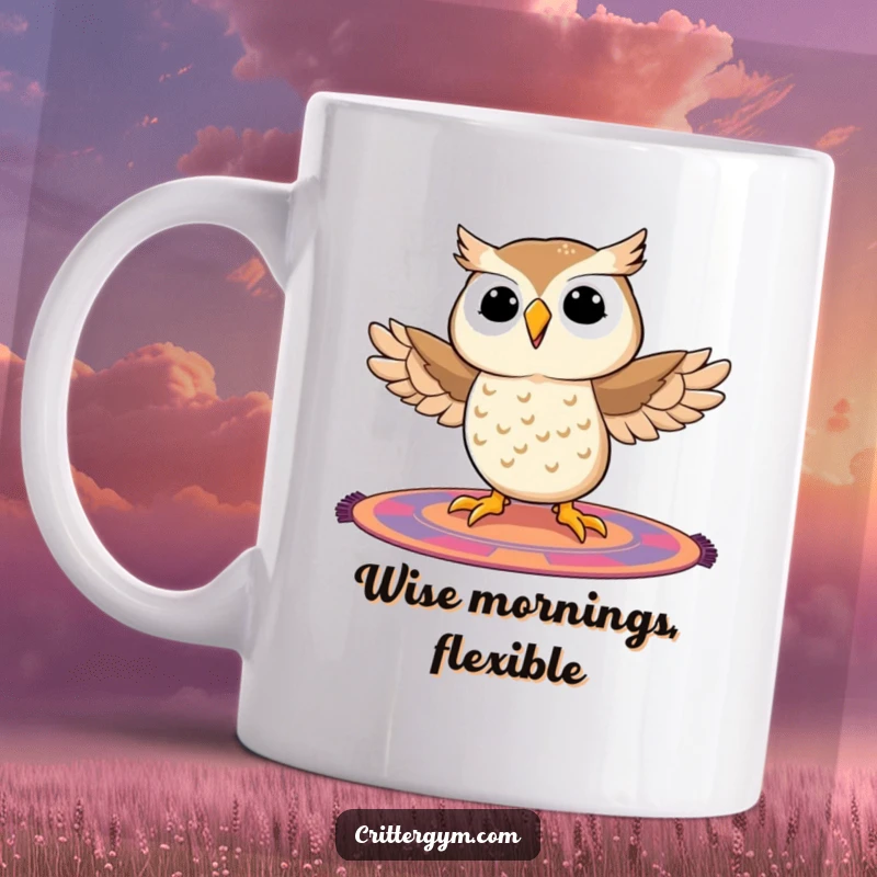 Funny owl mug showing a proud owl in a wobbly split pose on a colorful mat, beaming with an attempt at flexibility.