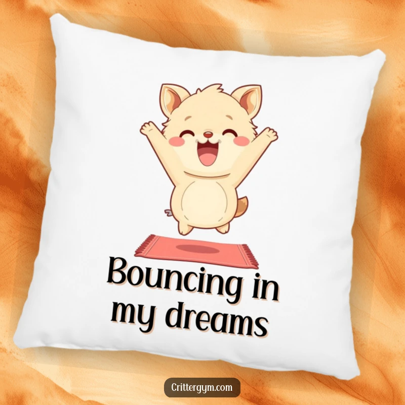 Funny Pillow: A fluffy animal character enthusiastically bounces on a mini yoga mat with a wide grin, showing playful yoga.