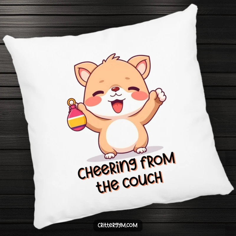 Funny Pillow: A cute creature cheering while holding a small, colorful weight, for humorous decor.