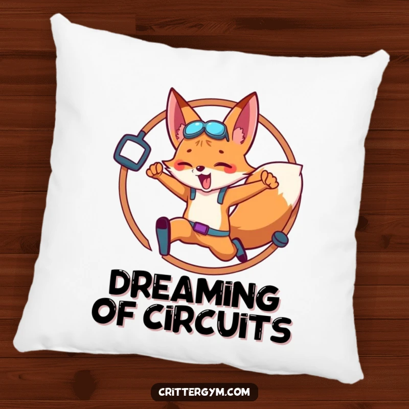 Funny Fox Pillow: An energetic fox leaps through a hoop adorned with gym gear, offering comfort and a humorous touch.