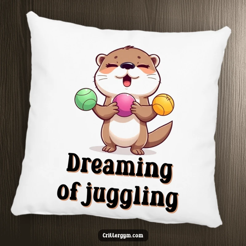 Funny winking otter juggling colorful exercise balls, designed on a soft pillow, a funny gift.
