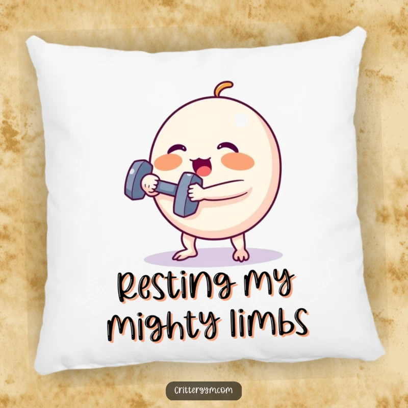 Funny Pillow: A cute, round creature with rosy cheeks struggles to lift a small dumbbell, embodying humorous fitness effort.