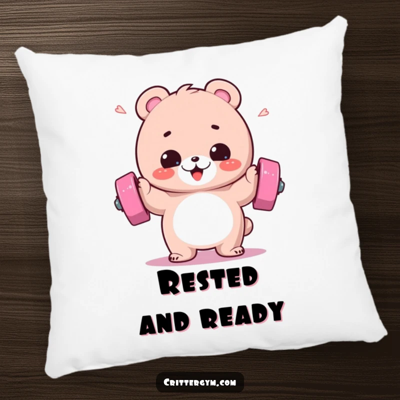 Funny pillow featuring a fluffy bear gleefully lifting a barbell with sweat flying, offering comfort and motivational charm.