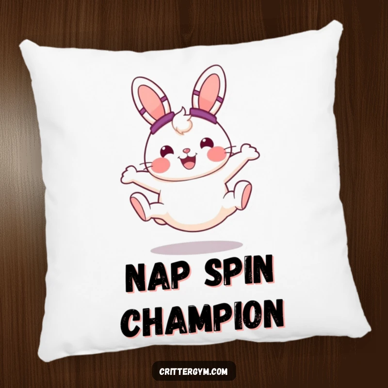 Funny cheerful bunny wearing sweatbands, doing a cartwheel with a big smile, on a soft, decorative pillow, an adorable funny gift.