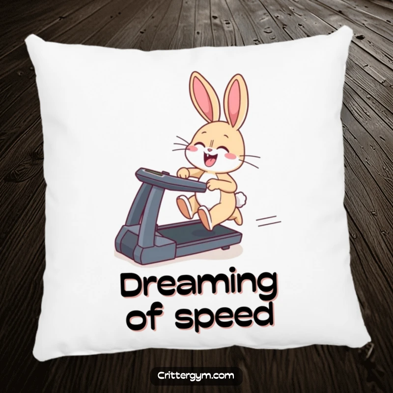 Funny pillow depicting a giggling bunny sprinting on a treadmill, ears flapping, a humorous and cozy accent.