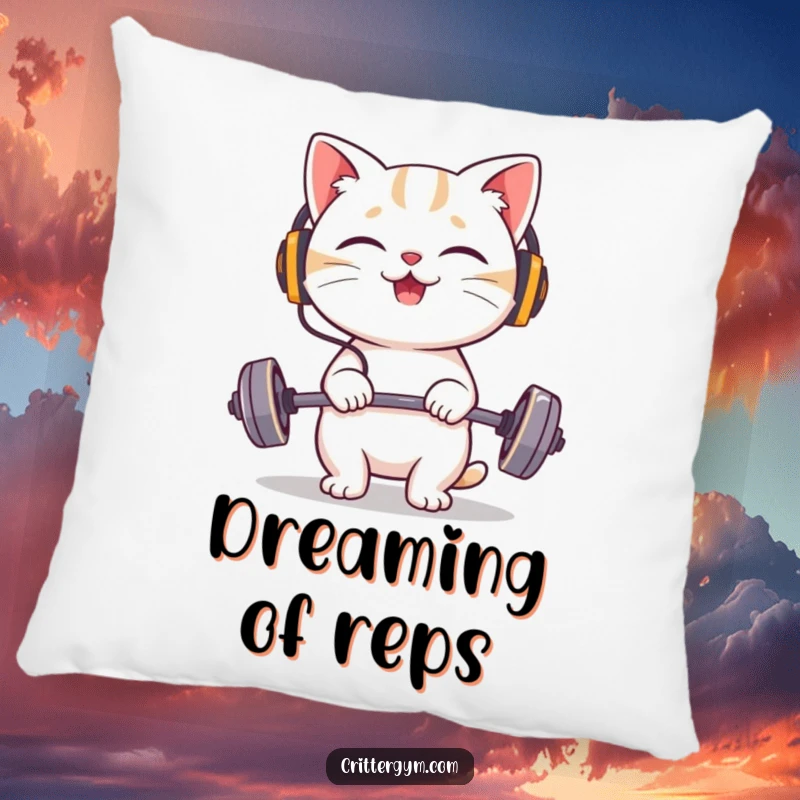 Funny cat pillow featuring a giggling character wearing tiny headphones, happily lifting a very small barbell.