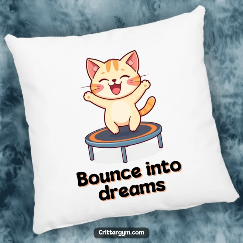Funny pillow featuring a cheerful cat excitedly bouncing on a miniature trampoline, offering comfort and playful charm.