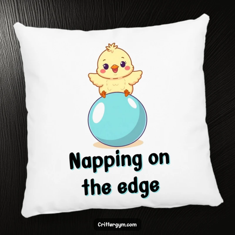 Funny small fluffy chick character wobbling with delight on a yoga ball, on a soft, decorative pillow, an adorable funny gift.