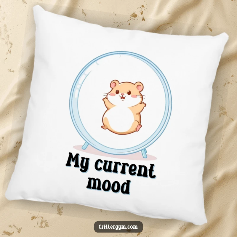 Funny decorative pillow showcasing a chubby hamster happily rolling inside a huge hamster wheel, perfect for a cozy, amusing touch.