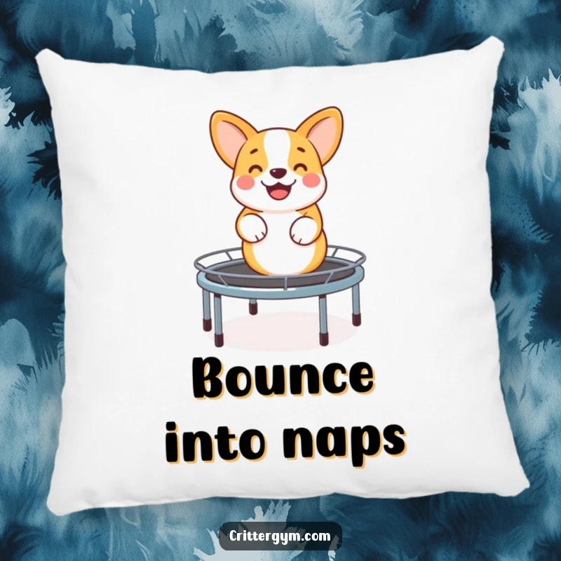 Funny pillow featuring a happy corgi bouncing on a miniature trampoline, adding a touch of whimsical joy and comfort.