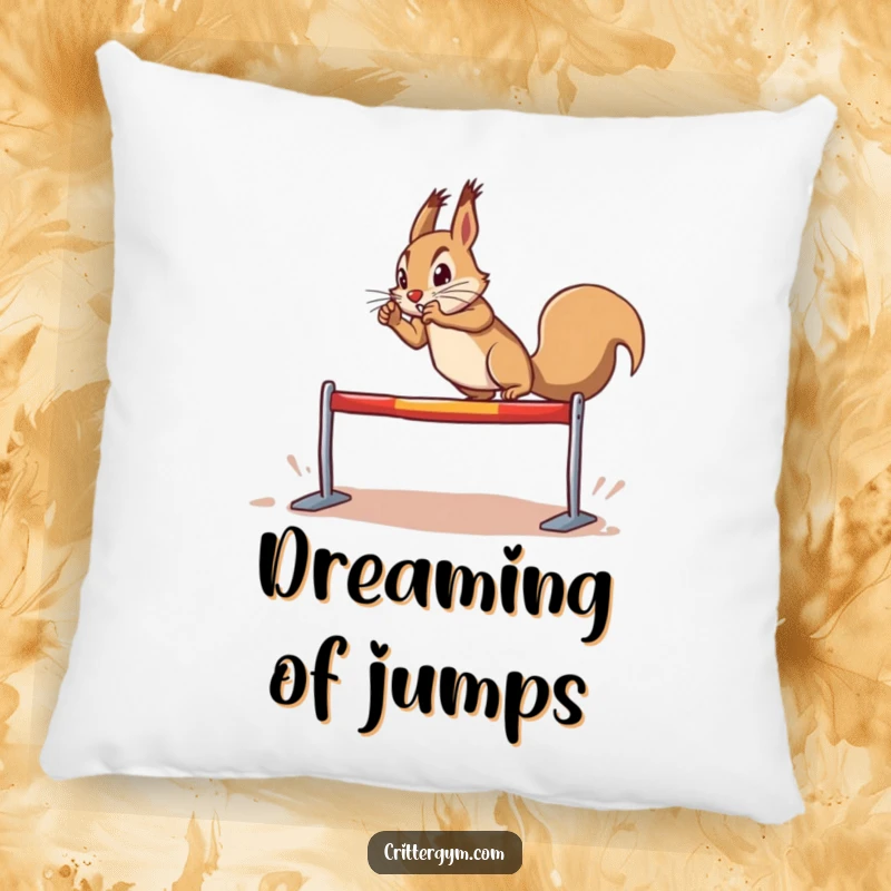 Funny determined squirrel pillow, doing a dramatic leap over a tiny hurdle, soft and decorative, promoting ambition, funny gift.