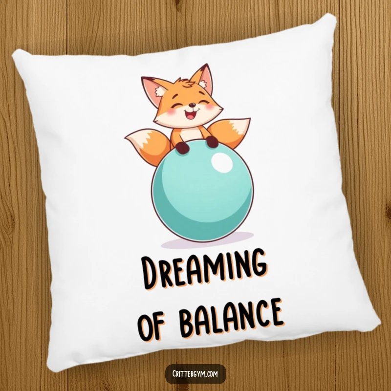 Funny fox balance pillow with a playful fox character laughing while balancing on a large exercise ball, providing comfort and humor.