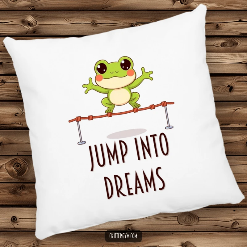 Funny pillow featuring a small, happy frog character leaping over tiny jump ropes with wide, excited eyes, offering comfort.
