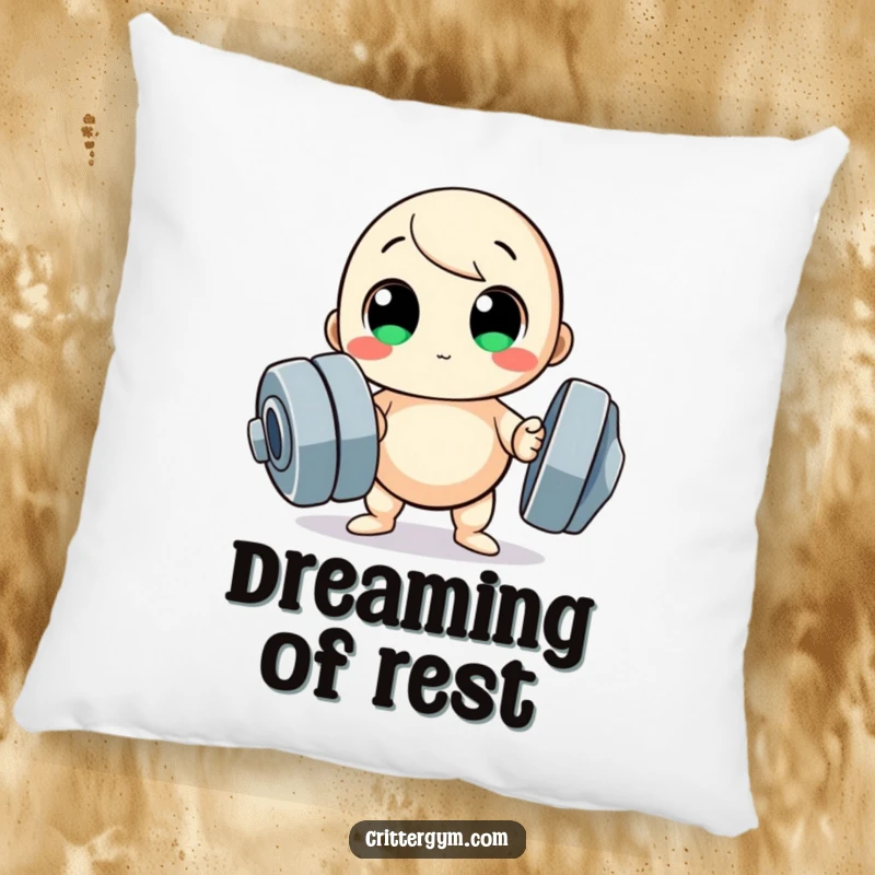 Funny pillow, small round character with big eyes trying to lift a huge dumbbell, comfortable and humorous.