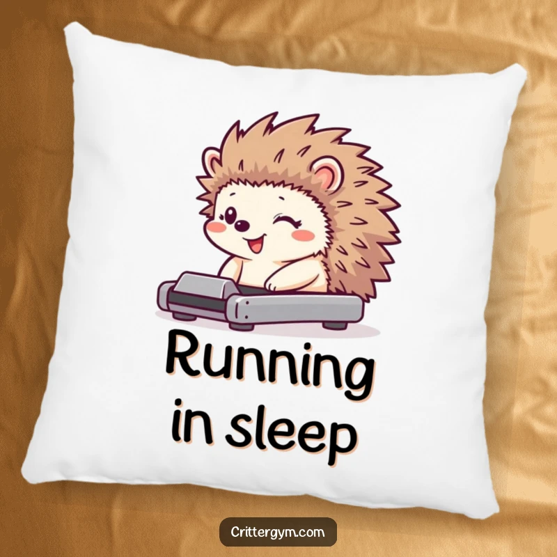 Funny hedgehog pillow featuring a tiny character with a huge grin on a miniature treadmill, its quills jiggling.