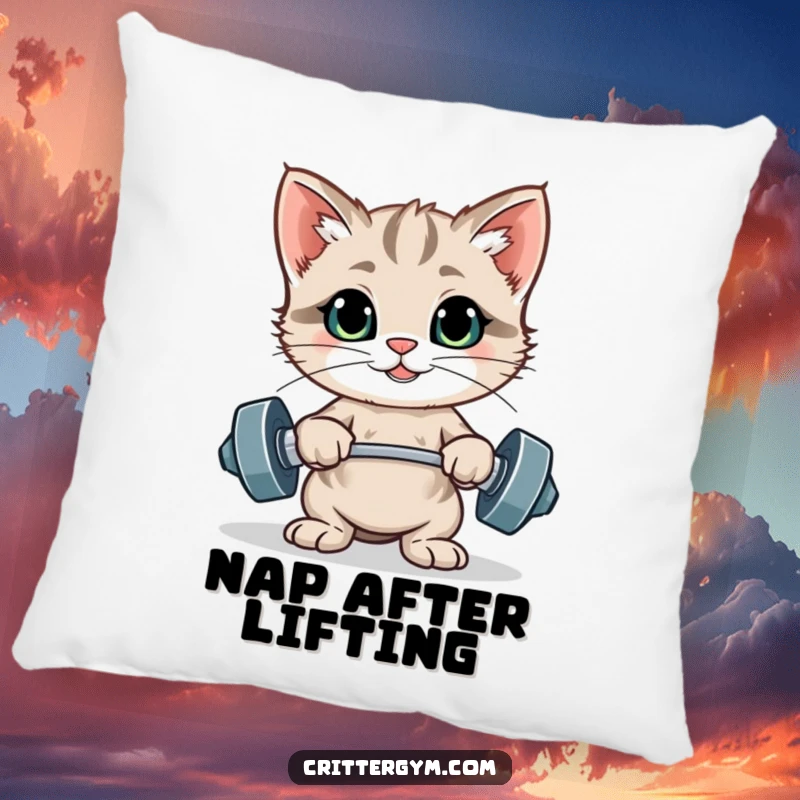 Funny pillow featuring a proud kitten posing triumphantly with tiny weights, offering comfort and a humorous gym-inspired touch.