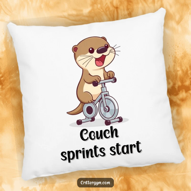 Funny pillow depicting a cute otter excitedly riding a tiny exercise bike, pedaling rapidly, a humorous and cozy accent.