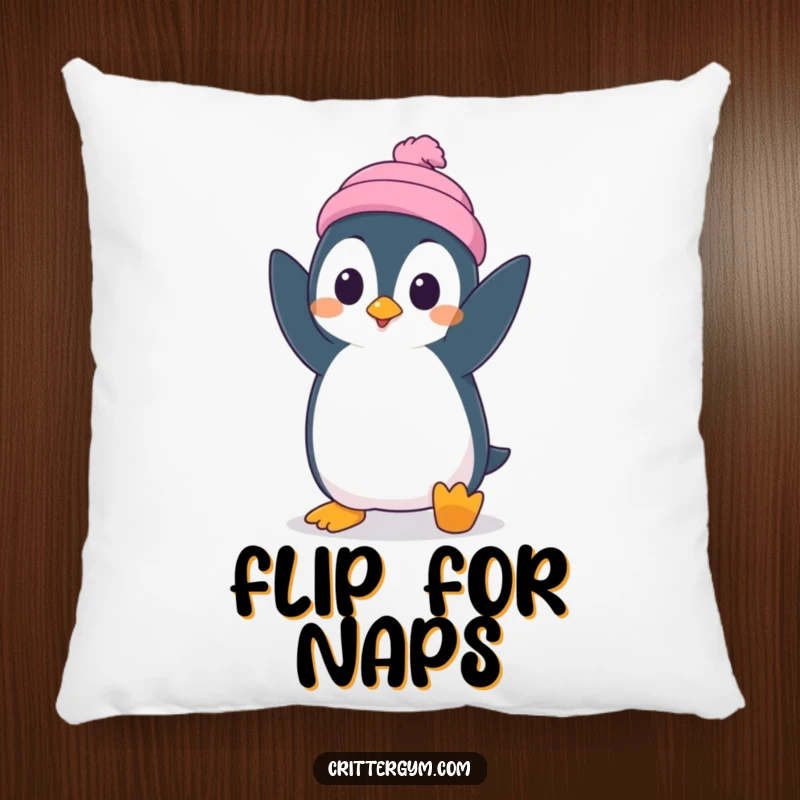 Funny pillow featuring a silly penguin character attempting a handstand with surprised concentration, offering comfort and amusement.