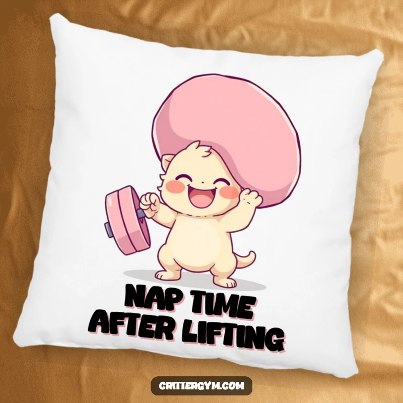 Funny squishy weight lifting pillow with a cute creature gleefully lifting a ridiculously oversized, soft weight, perfect for adding humor to any room.