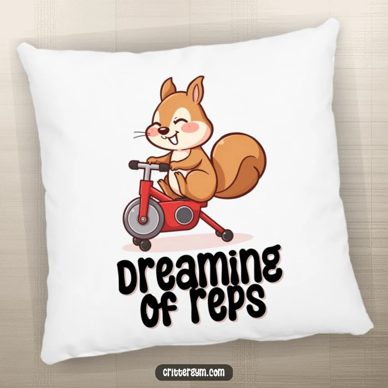 Funny pillow, cute squirrel doing a leg kick on a tiny red exercise bike, comfortable and humorous.