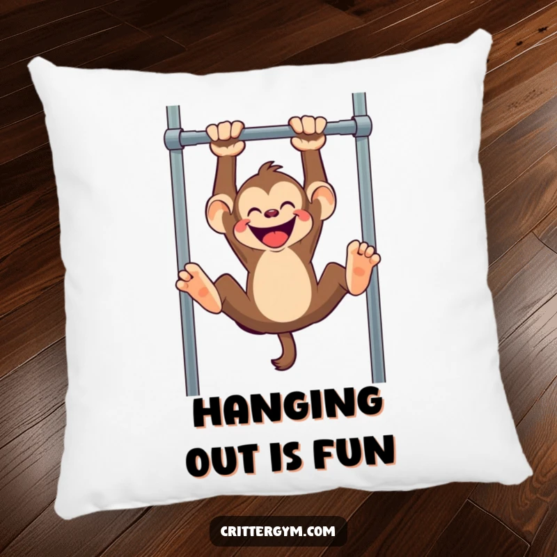 Funny monkey pillow, a mischievous monkey hanging upside down from a pull-up bar, cozy and humorous.