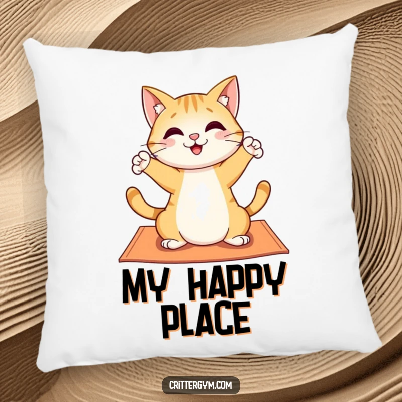 Funny pillow with a cheerful cat character performing a playful yoga stretch on a mat, adding a touch of humor and comfort.