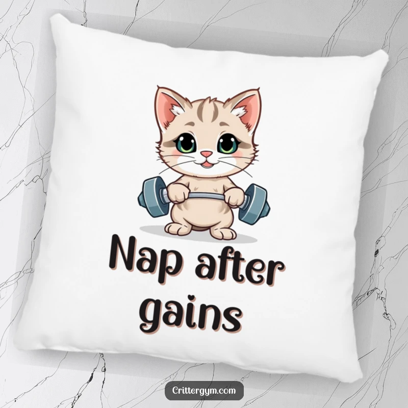 Funny proud kitten flexing after lifting tiny weights on a soft pillow, a funny gift.
