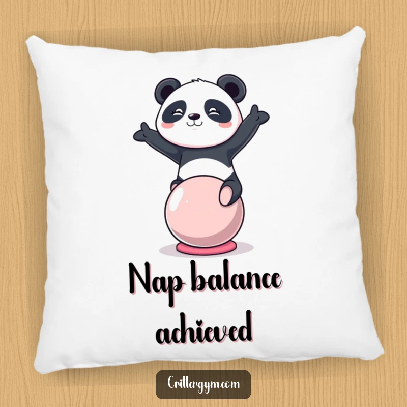 Funny kawaii panda character balancing on a yoga ball on a soft pillow, a cute funny gift.