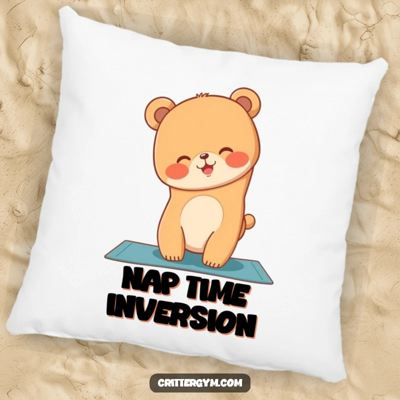 Funny pillow featuring a giggling bear cub attempting a yoga handstand, perfect for relaxation and playful decor.