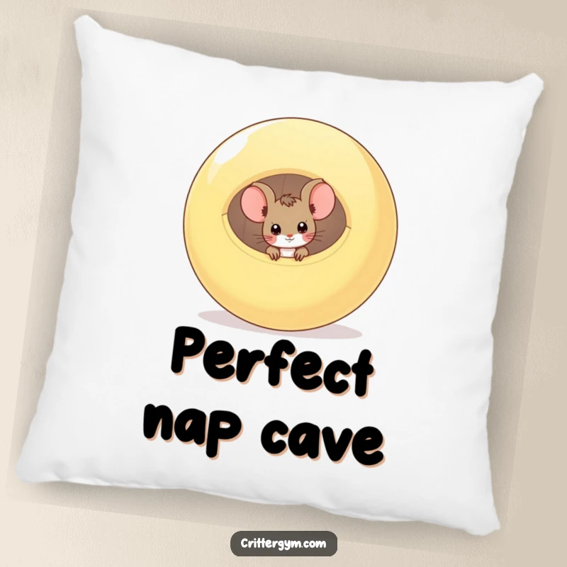 Funny curious mouse peeking from a deflated exercise ball on a soft pillow, a funny gift.