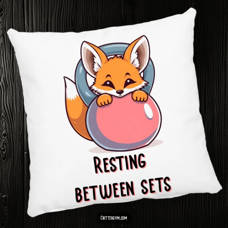 Soft pillow featuring a funny illustration of a curious fox peeking from behind a colorful kettlebell.