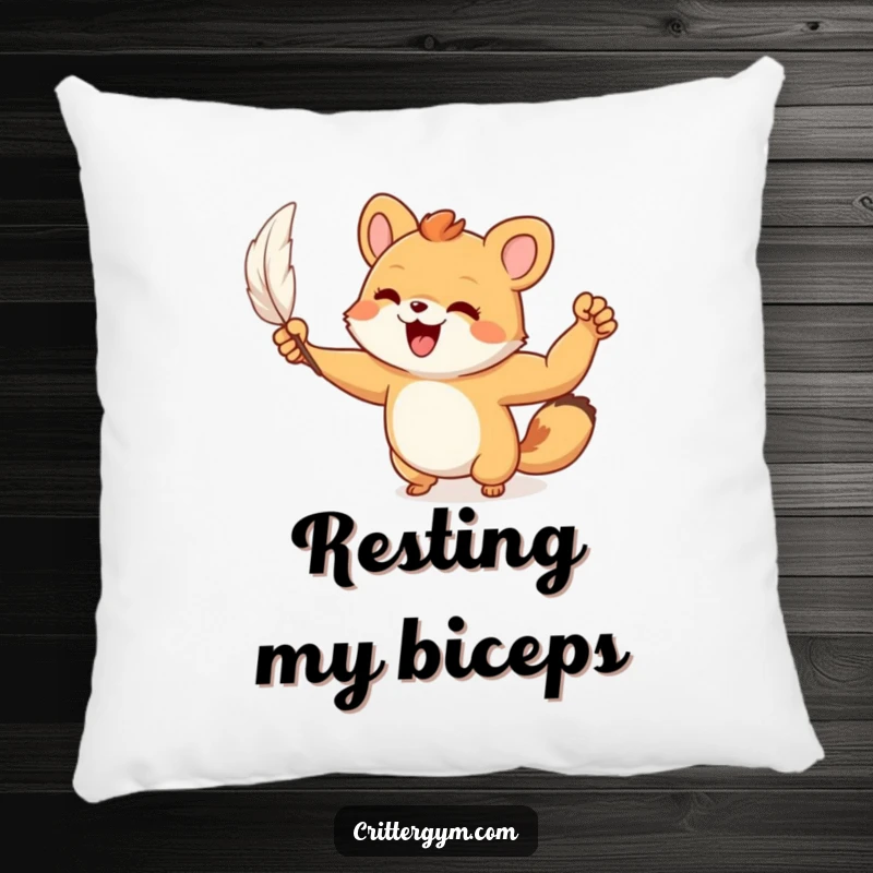 Funny Pillow: A small animal character joyfully flexes a tiny, muscular arm after lifting a feather, showing funny strength.