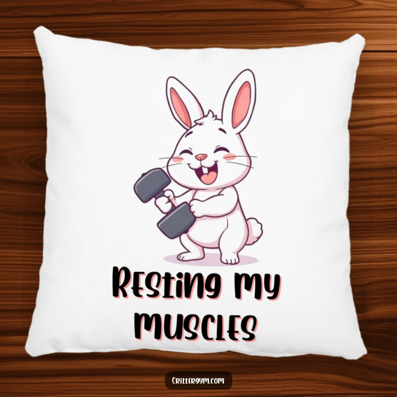 Funny rabbit gym pillow with a smiling rabbit character comically failing to lift a tiny dumbbell, providing comfort and humor.