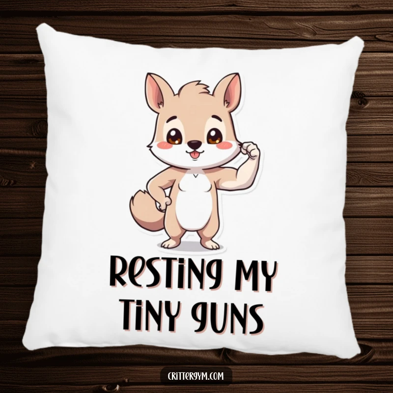 Funny tiny bicep animal pillow with a small creature proudly flexing a comically tiny bicep, offering comfort and a humorous display.