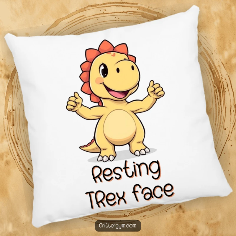 Funny pillow showcasing a joyful dinosaur character adorently flexing its minuscule biceps with a wide, delighted grin, bringing humor to home decor.