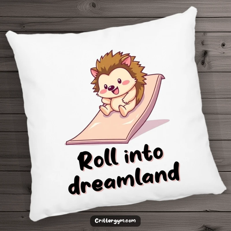 Funny pillow featuring a happy hedgehog rolling down a slippery slide on a gym mat, offering comfort and a humorous, joyful touch.
