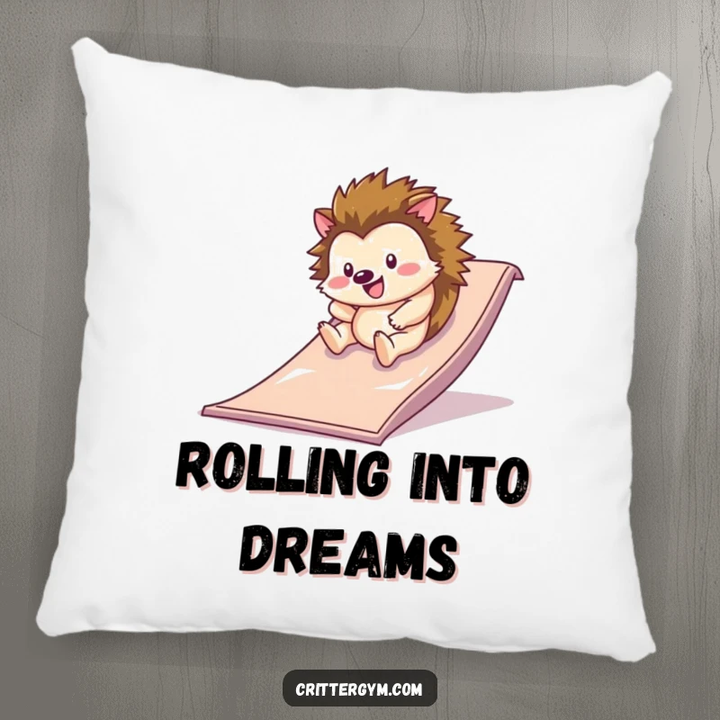 Funny happy hedgehog rolling down a slippery slide on a gym mat on a soft pillow, a funny gift.