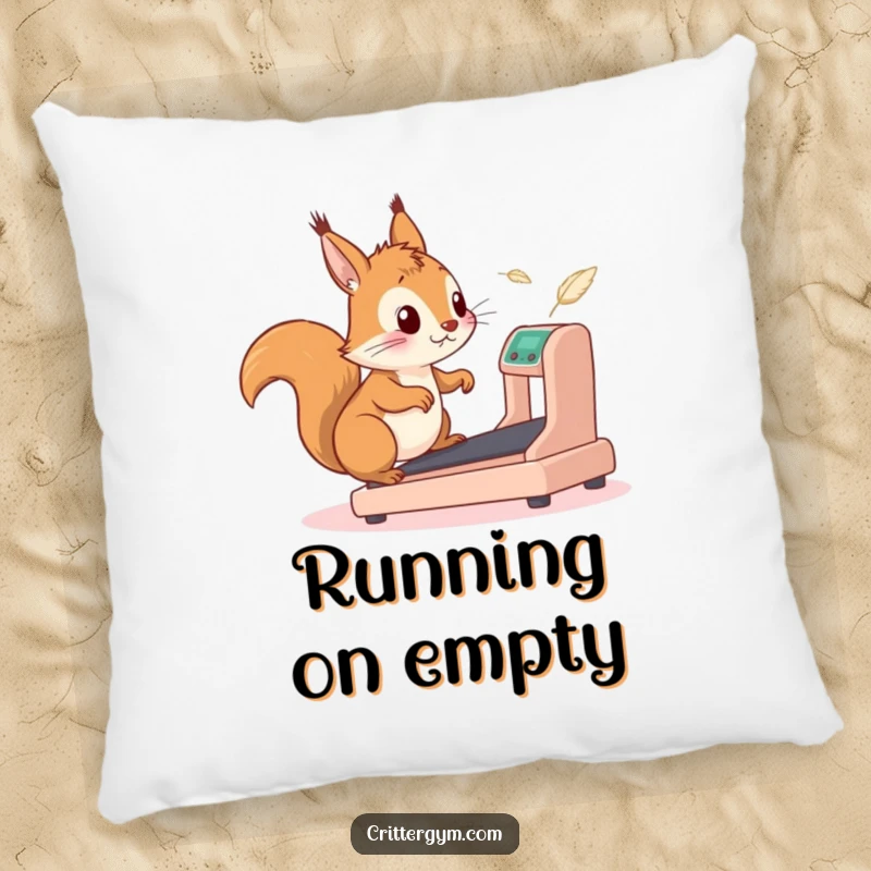 Funny squirrel pillow showing a squirrel comically running on a small treadmill, feathers flying, creating a humorous scene of athletic absurdity.
