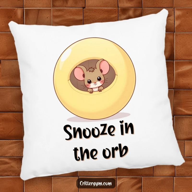 Funny pillow featuring a curious mouse peeking from a deflated exercise ball, offering comfort and a humorous, whimsical touch.