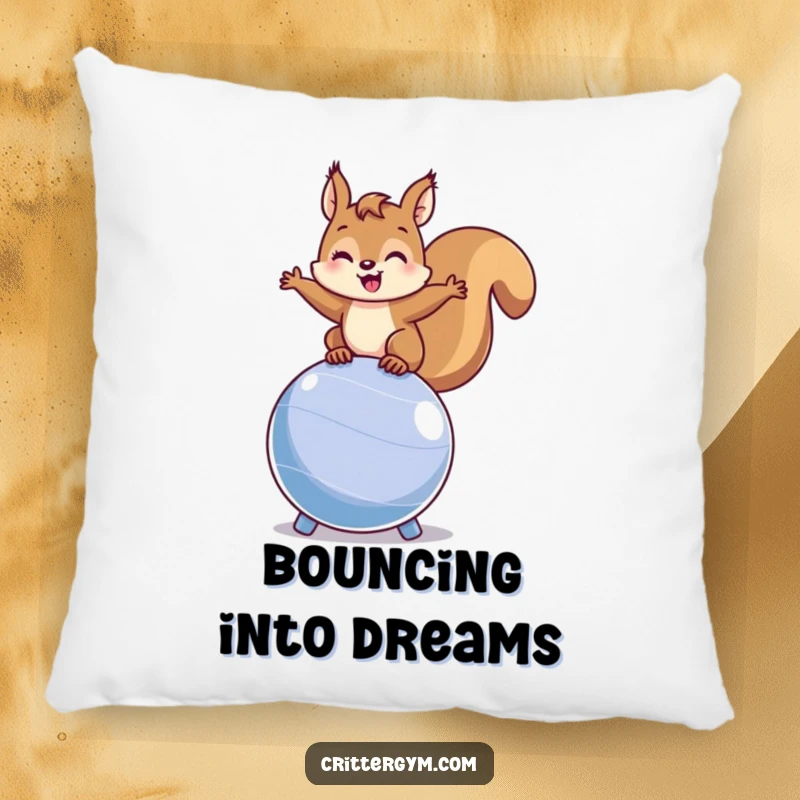 Funny squirrel pillow featuring a happy squirrel balancing on a bouncing fitness ball, ideal for adding comfort and humorous active vibes.