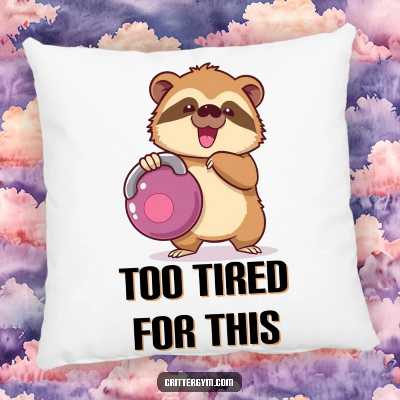Funny kawaii sloth character struggling with a kettlebell on a soft pillow, a cute funny gift.