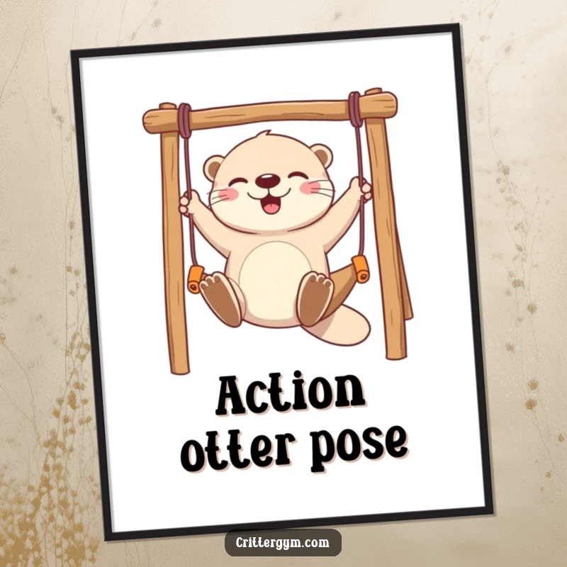 Funny digital art print of a playful otter character swinging gleefully on a miniature monkey bar, capturing pure happiness.