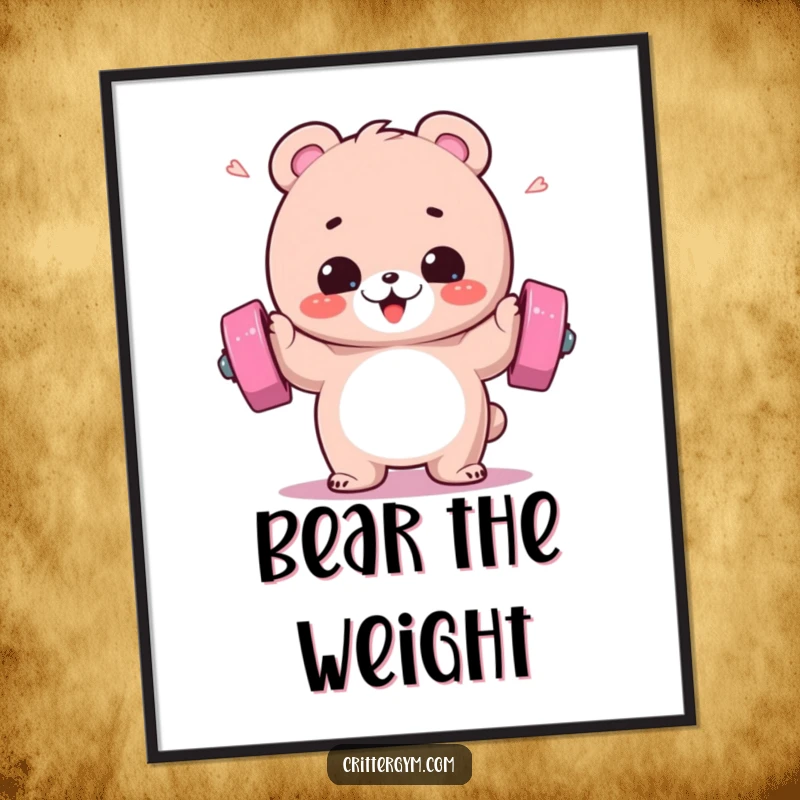 Funny digital art print of a fluffy bear gleefully lifting a barbell with sweat droplets flying, embodying workout fun.